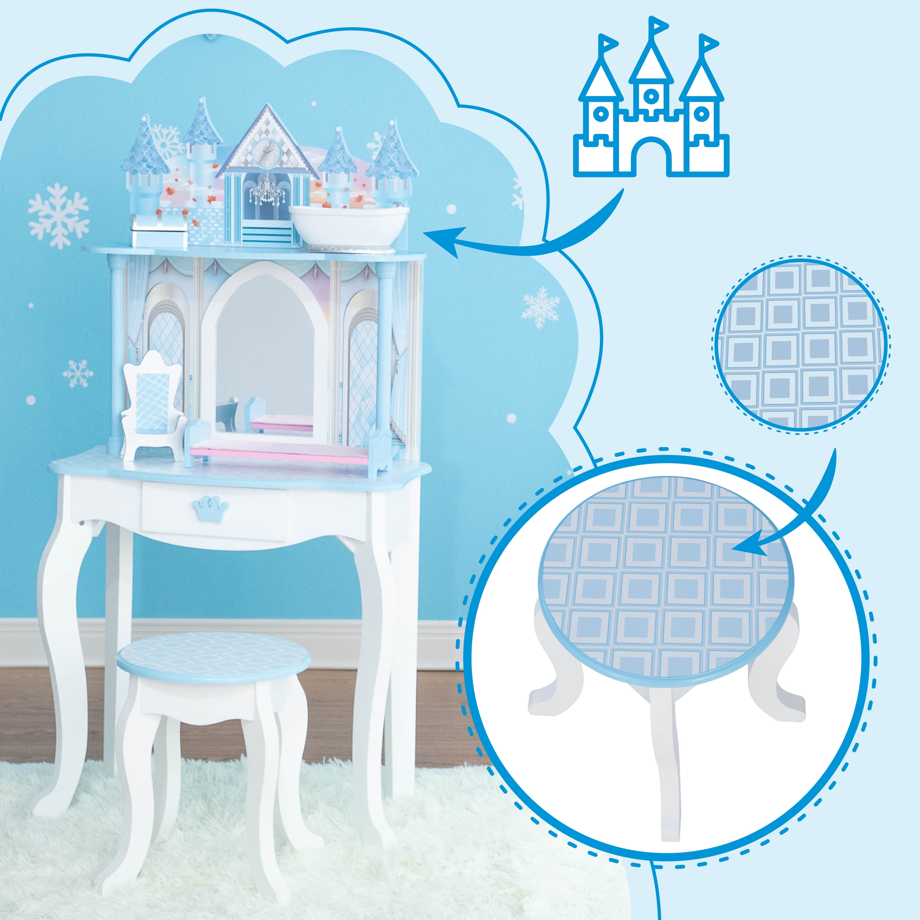 Teamson Kids - Dreamland Castle Play Vanity Set - White / Ice Blue