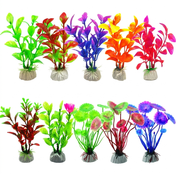 MH-Fish Tank Decorations, Green Aquarium Plants Plastic, 10pcs Fish Tank Plants