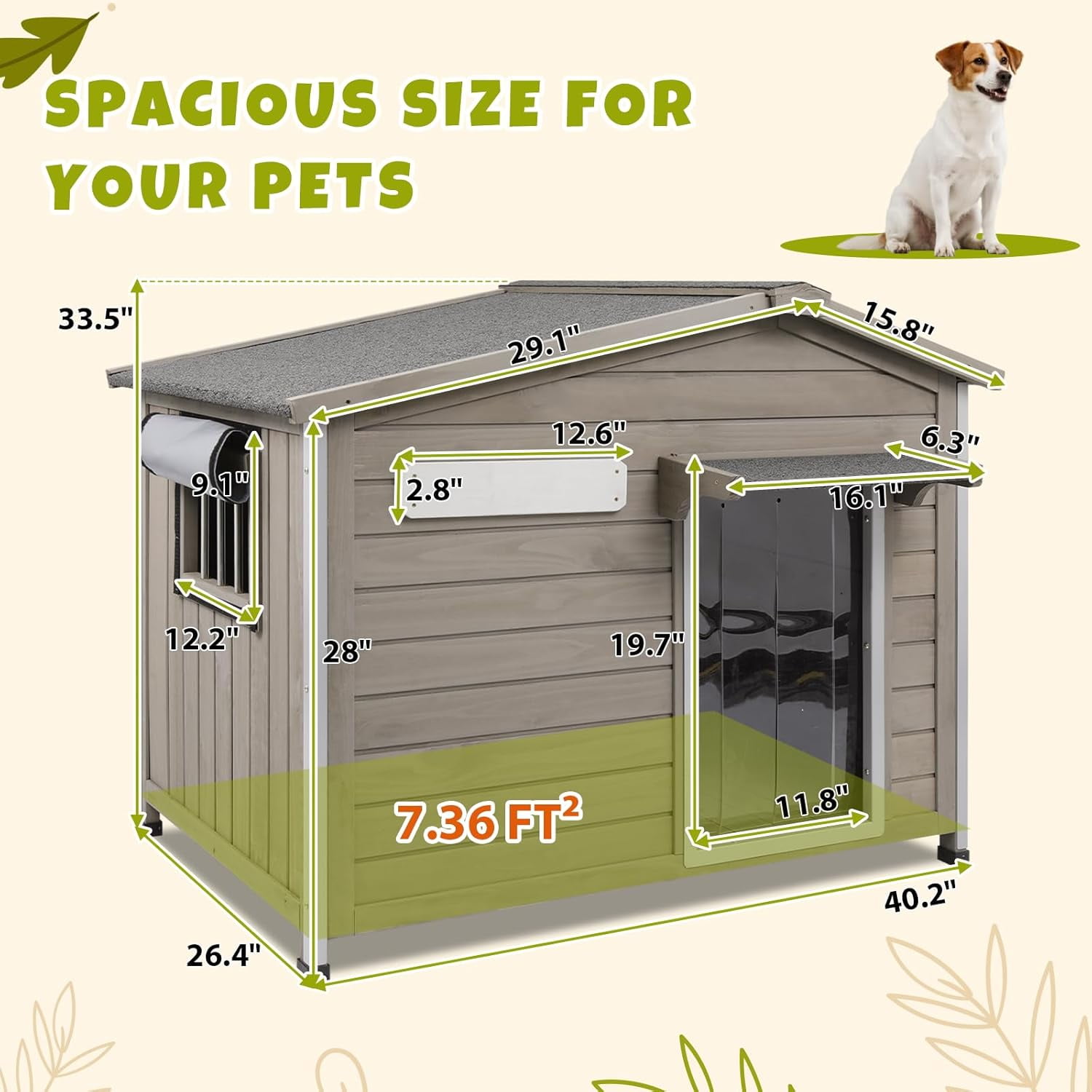 PETSCOSSET 40"L Outdoor Dog House, Wooden Dog Kennel with Asphalt Roof for Medium Dog, Gray