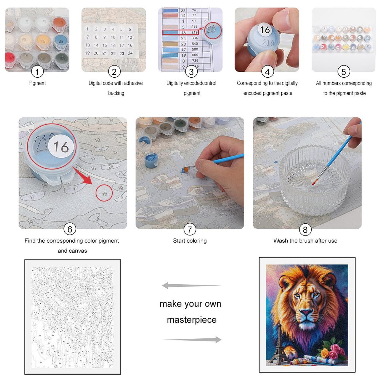 Paint By Numbers Kit for Adults Beginner - Lion Eiffel Roses Brushes Art DIY Canvas Painting Kits for Adults, Frameless Paint By Number for Adults for Home Wall Decor 16x20 Inch