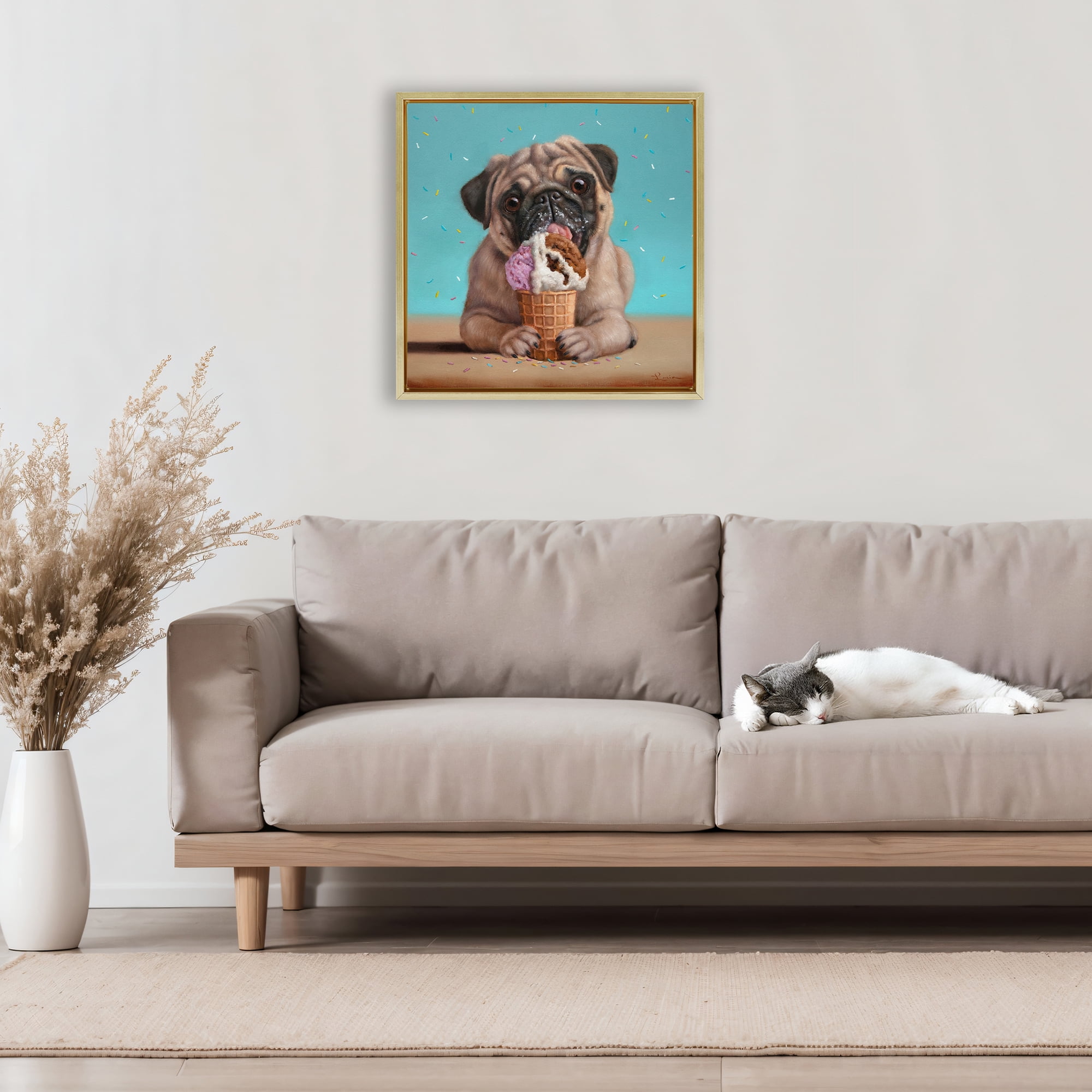 Neapawlitan Ice Cream & Dog Gold Framed Floater Canvas Wall Art, design by Lucia Heffernan