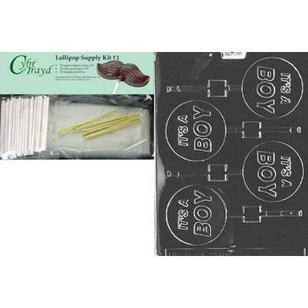 Cybrtrayd 45StK25G-B023 It's a Boy Lolly Chocolate Candy Mold with Lollipop Supply Kit, 25 Lollipop Sticks, 25 Cello Bags and 25 Gold Metallic Twist Ties