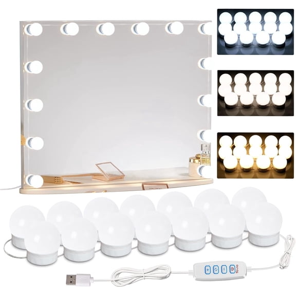 LED Vanity Mirror Lights, With 14 Dimmable Bulbs, Adjustable Color & Brightness, USB Cable, Stick-on for Makeup Table Dressing Room