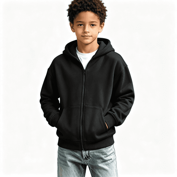 Boys Cotton Hoodie with Pockets Long Sleeve Casual Loose Fit Zip Up Kids Sweatshirt Jacket Black 4-14