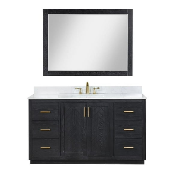 Gazsi 60S" Wood Vanity in Black Oak with Composite Stone Top with Mirror