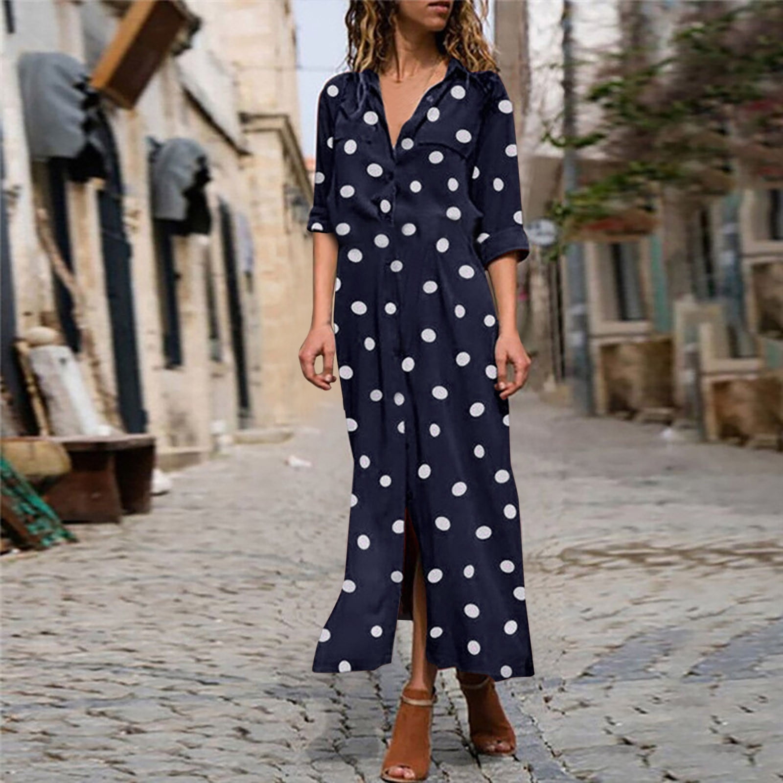 Fashion print polka dot button dress deals