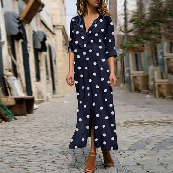 Flowy Casual Maxi Dresses for Women Dot Print Streetwear Half Sleeve Turn Down Neck Button Split Long Dress