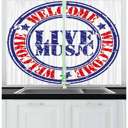 Live 2 Cd Set - Popstar Party Curtains 2 Panels Set, Grunge Damaged Looking Welcome Live Music Rubber Stamp Festival Symbol, Window Drapes for Living Room Bedroom, 55W X 39L Inches, Blue Red White, by Ambesonne