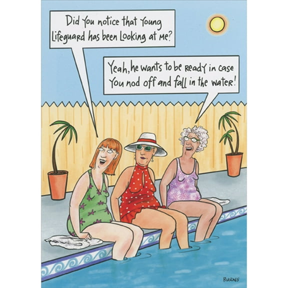 Oatmeal Studios Three Women Sitting at Edge of Pool: Lifeguard Looking at Me Feminine Funny / Humorous Birthday Card