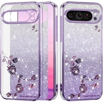 for Google Pixel 9 Case Clear Glitter Shiny Aesthetic Google Pixel 9 Phone Case Silicone Soft Floral Transparent Shockproof Cover Purple Slim for Women (Purple)