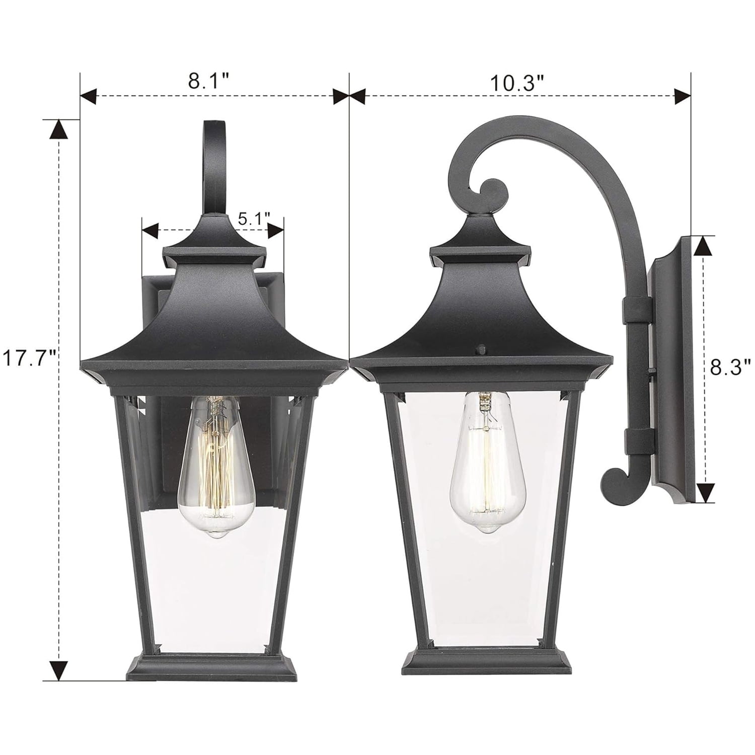 Emliviar Outdoor Wall Lantern, 18" Exterior Wall Mount Light with Clear Glass in Black Finish, 500181