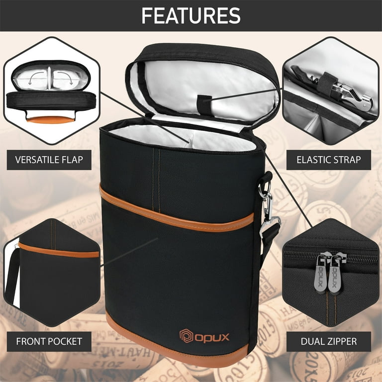 OPUX 2 Bottle Wine Carrier Tote Insulated Leakproof Cooler Bag Portable Case Travel Picnic BYOB Beach Christmas Gift Brown 2 Bottle Bag
