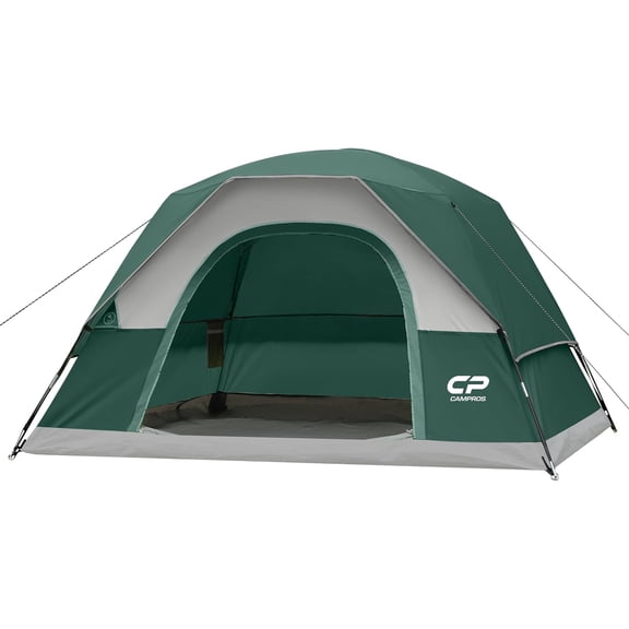 Dark Green 4-Person Waterproof Windproof Double-Layer Dome Camping Tent with Mesh Windows and Wide Door