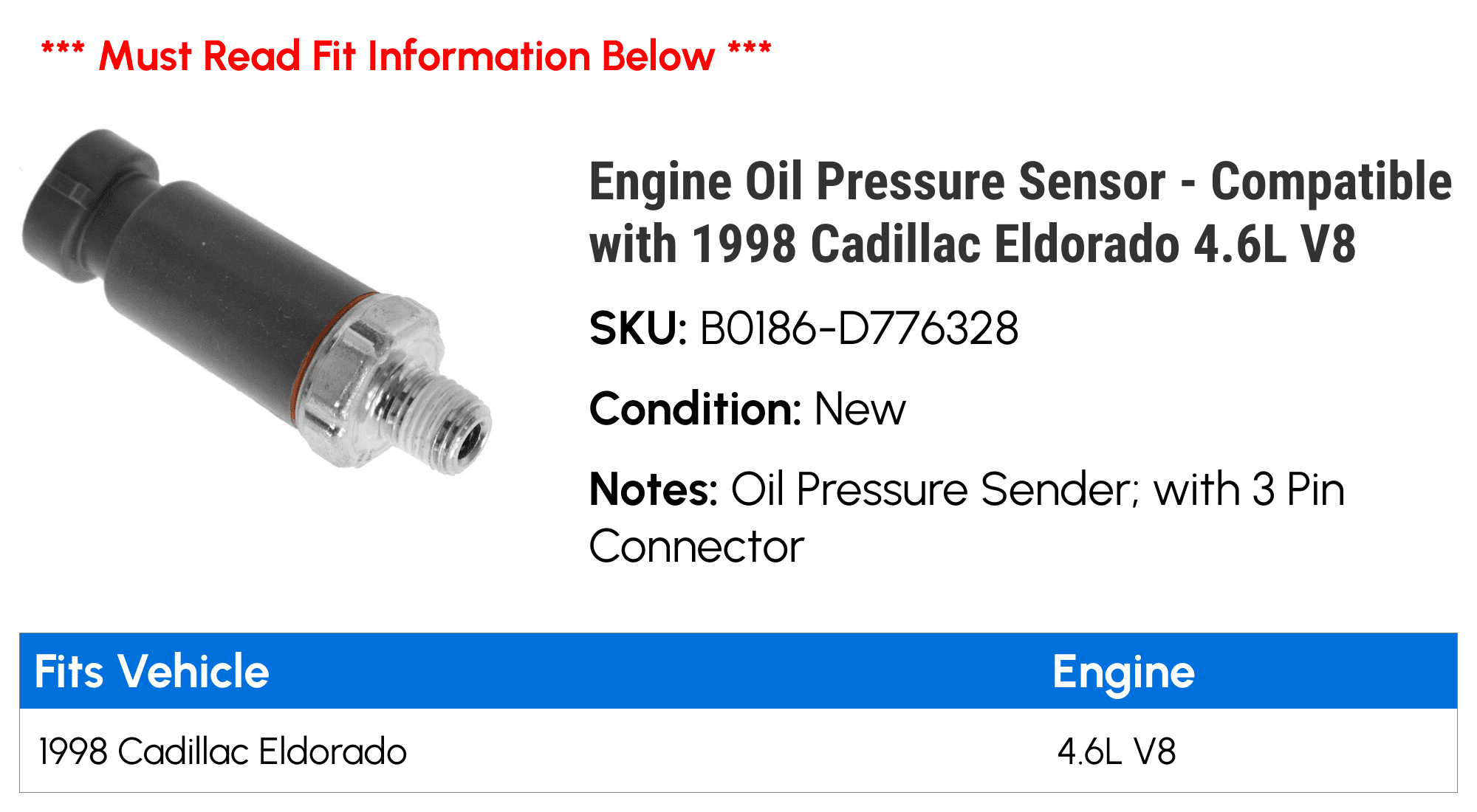 Engine Oil Pressure Sensor - Compatible with 1998 Cadillac Eldorado 4.6L V8