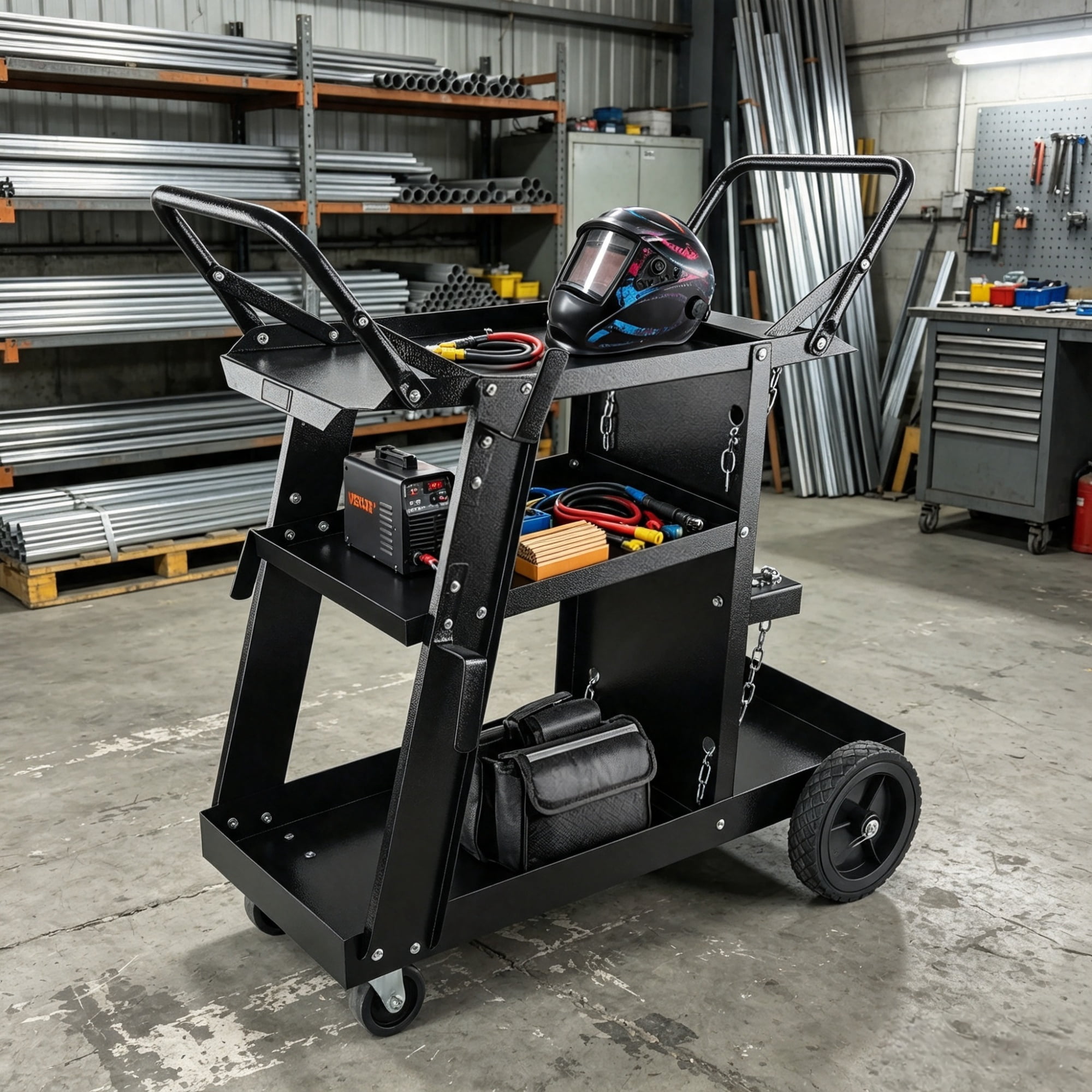 Heavy Duty Welding Cart 3-Tier, 400 Lbs Rolling Welder Cart with 360° Swivel Wheels & Tank Safety Chains for MIG TIG ARC MMA Plasma Cutter