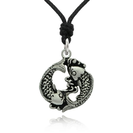 Celestial Pewter Pendant - Pisces Fish Yin Yang Astrology Silver Pewter Charm Necklace Pendant Jewelry With Cotton Cord