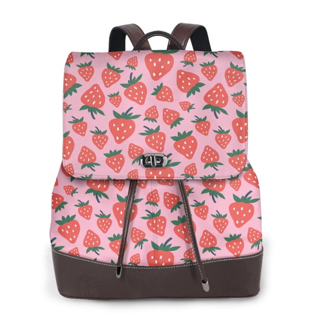 Easygdp Cartoon Strawberry Mochila de Cuero para Mujeres, Bolso de Hombro, Bolsos de Mano de Moda para Trabajo y Viajes
