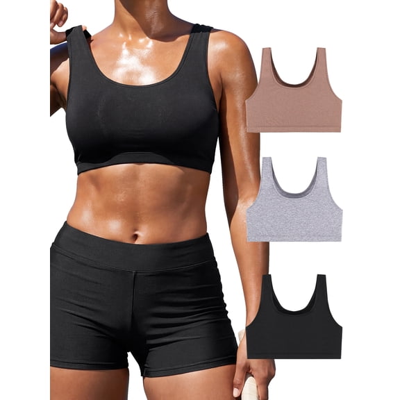Women's Wide Shoulder Strap Tank Style Cotton Sports Bra 3-Pack