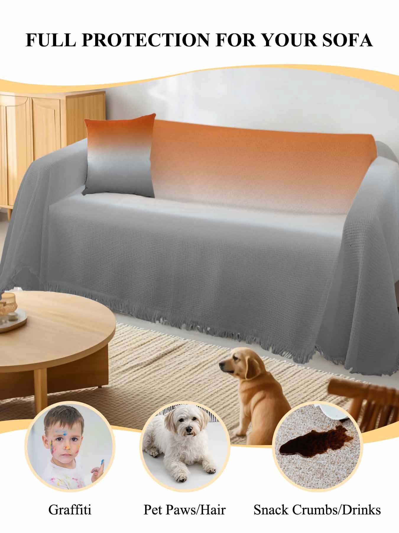 Burnt Orange Gray Ombre Couch Cover, Modern Gradient Abstract Art Oversized Sofa Cover Blanket for 3 Cushion Couch, Sectional Sofa Slipcover Furniture Protector for Living Room Bedroom 71''x150''