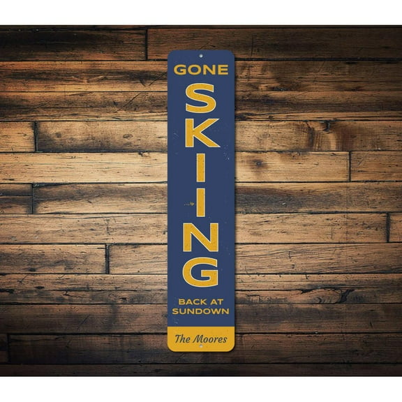 Gone Skiing Vertical Novelty Sign, Metal Wall Decor - 4x18 inches