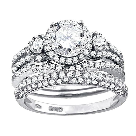 925 Sterling Silver His and Hers Cubic Zirconia Halo Bridal Trio Set Ring Size 9 Ring for Women