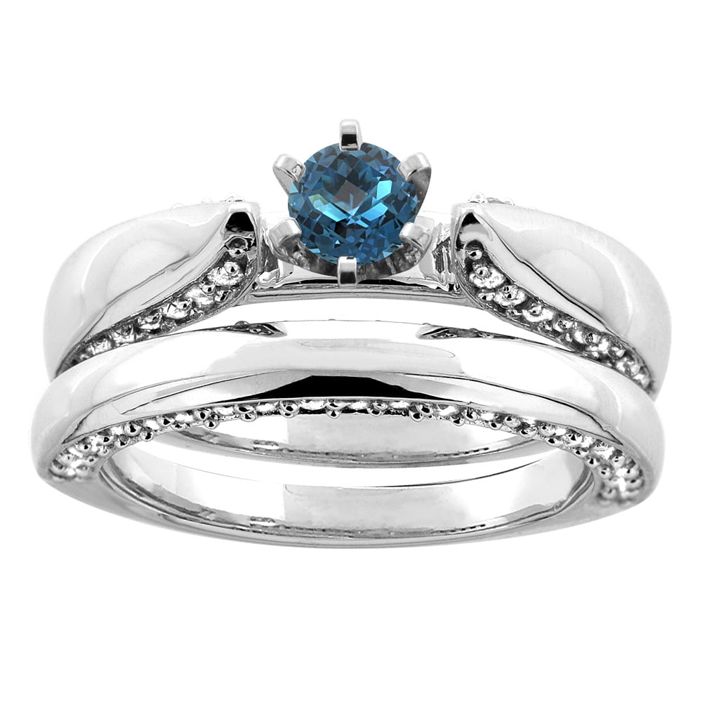 10K White Gold Natural London Blue Topaz 2-piece Bridal Ring Set Diamond Accents Round 5mm, size 5 by Gabriella Gold