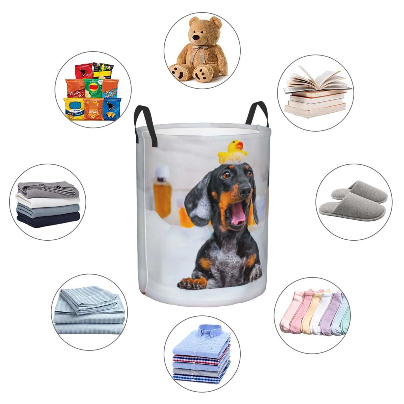 Gukieu Puppy Sits In Bathtub Print Round Dirty Clothes Bag, Waterproof Standing Home Bathroom Storage Basket Car Trunk Storage Bag-Small
