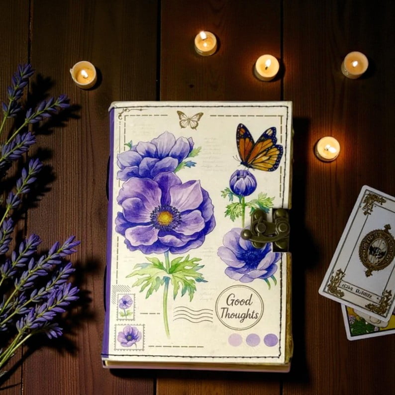 Handmade Leather Journal with Lavender Floral Art – 5x7 Inch Vintage Diary with 200 Deckle Edge Handmade Pages, Writing & Sketch Notebook, Aesthetic Butterfly Cover, Christmas Fest