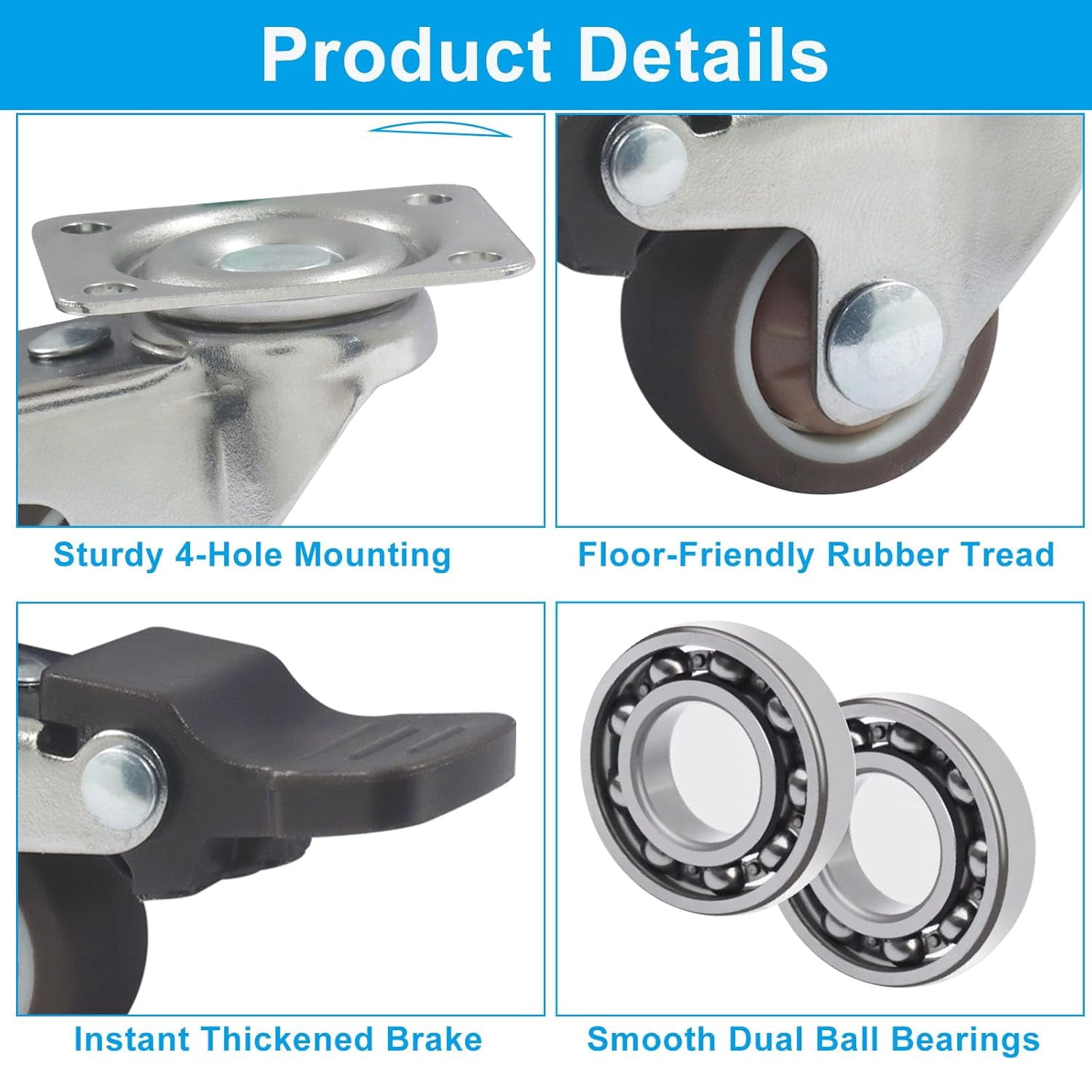 FRKSMD-4 Pack 1" Caster Wheels, Furniture Casters with Brake Rubber Wheels, No Noise Small Swivel Wheels for Workbench/Table