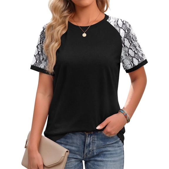 Fantaslook Color Block T Shirts for Women Crewneck Short Sleeve Tops Summer Blouses Fashion Clothes