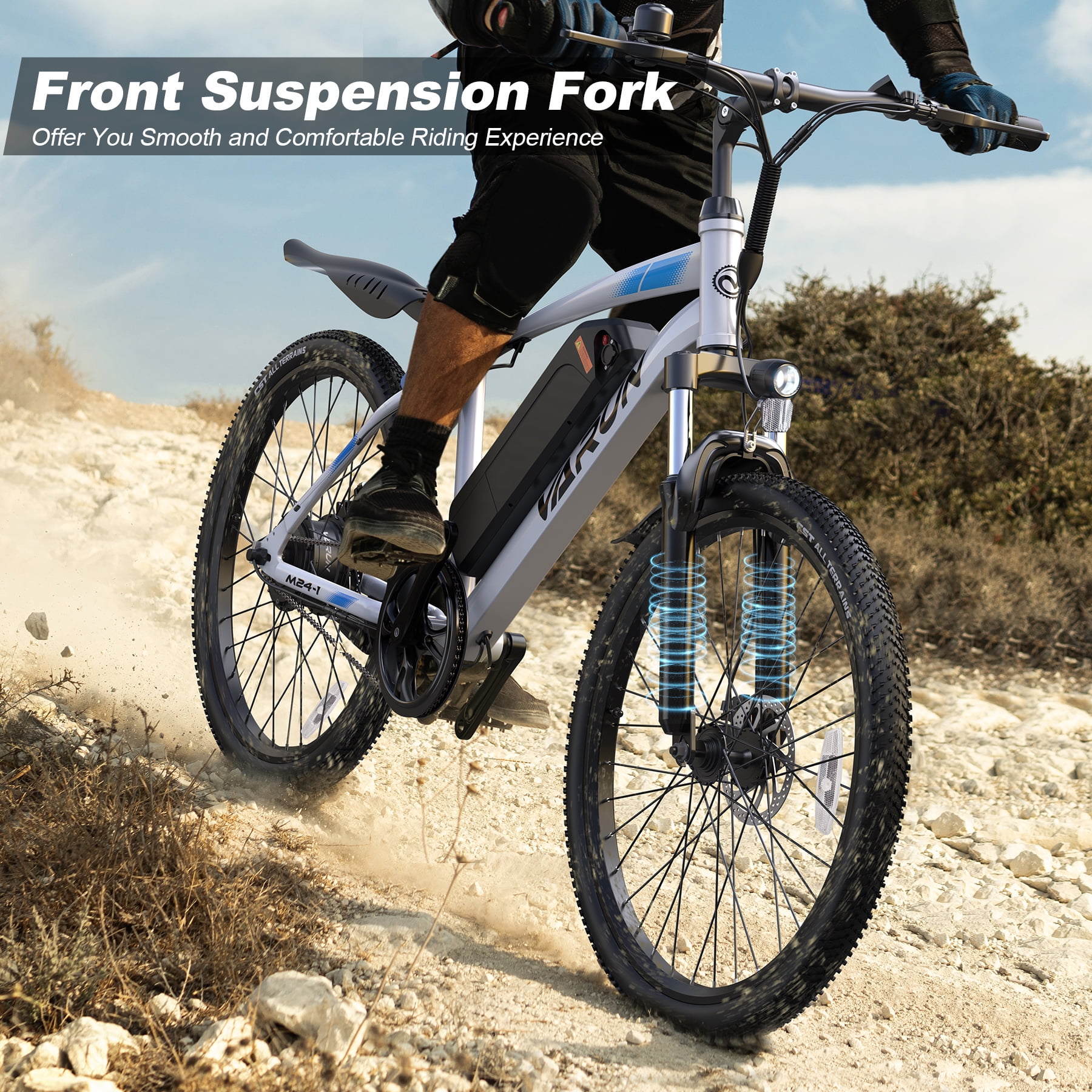 Varun Electric Bike for Adults, 24'' 500W Peak Ebike, Up to 35 Miles 20MPH Electric Mountain Bike with 36V 7.8AH Removable Battery, Fenders, Full Suspension, Bike Cover
