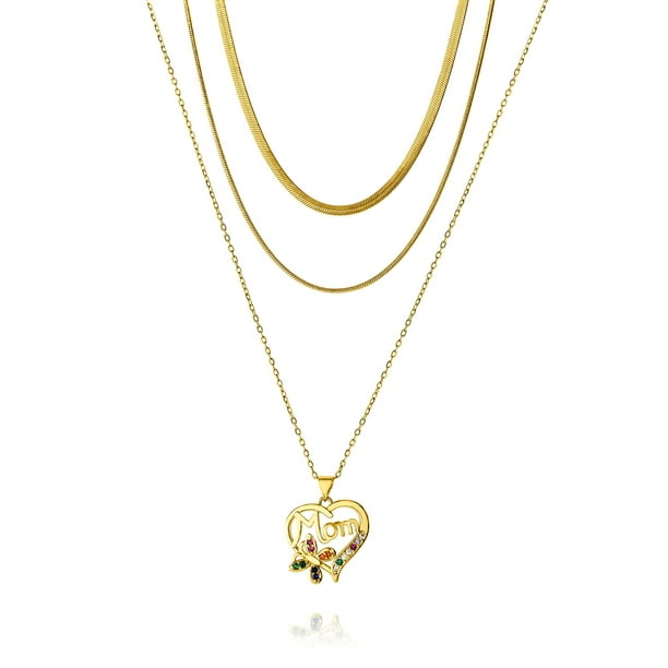 JeenMata Encantador Colgante de Corazón con Múltiples Cadenas y Detalles Florales en Forma de 'mamá' Conjunto de Collar en Capas