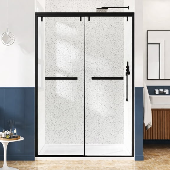 48" W x 76" H Framed Double Sliding Tempered Glass Shower Door – Matte Black