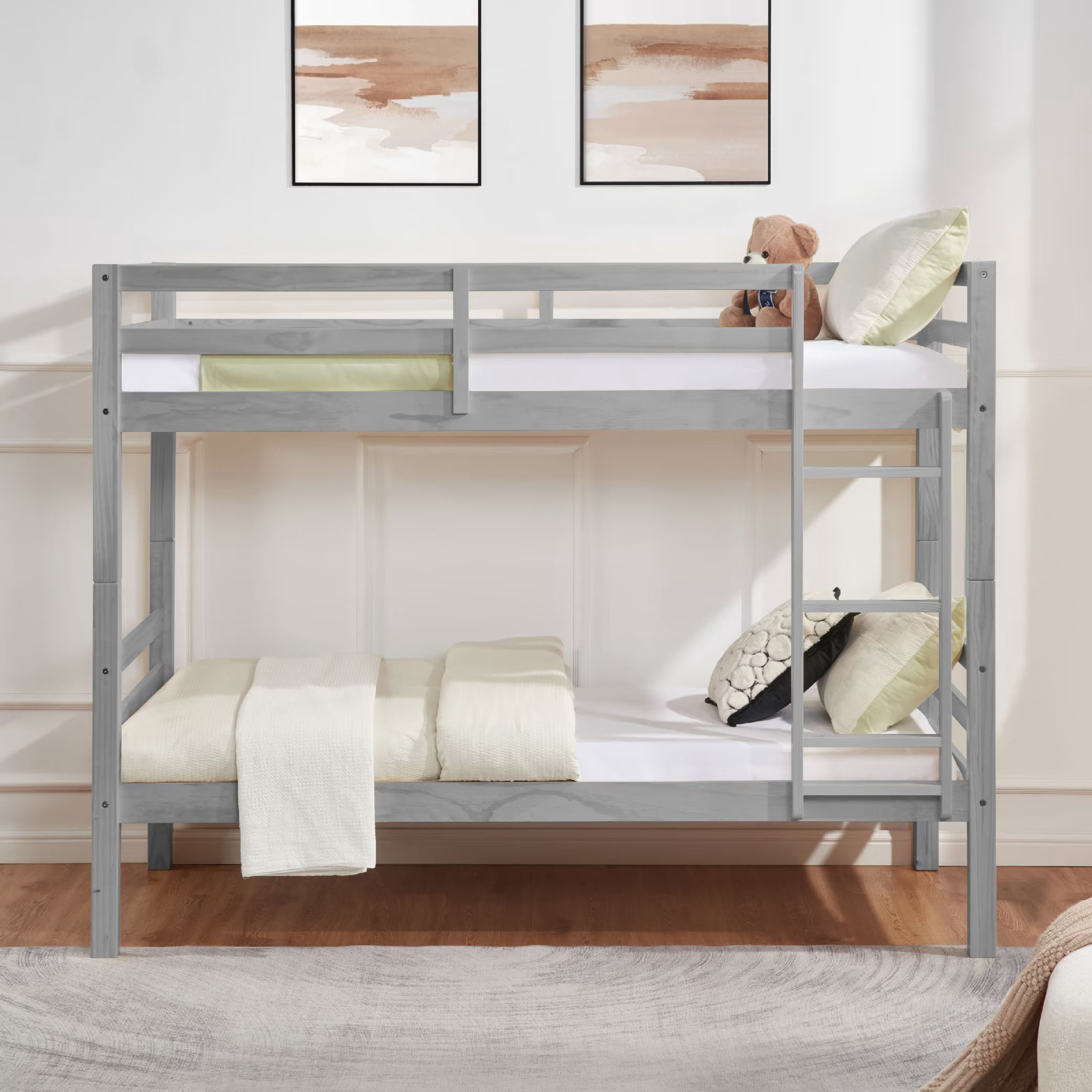 Twin Over Twin Bunk Bed, Solid Wood Bunk Bed Frame with Thick Posts, High Guardrails and Ladder, Heavy Duty Wooden Slats, No Box Spring Needed for Kids, Teens, Guest Room, Grey