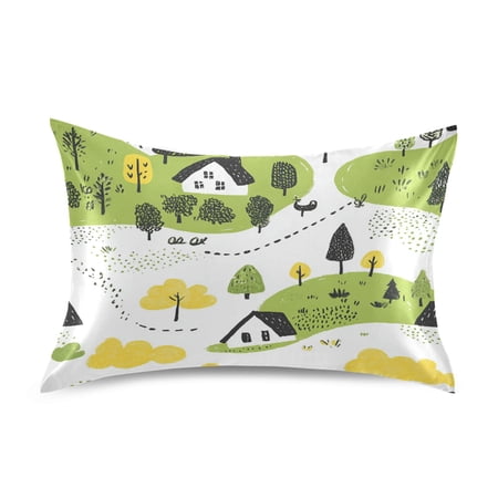 Cartoon Landscape Pattern Luxury Silky Soft Pillowcase Standard Size Wrinkle Resistant Envelope Closure 20x26in