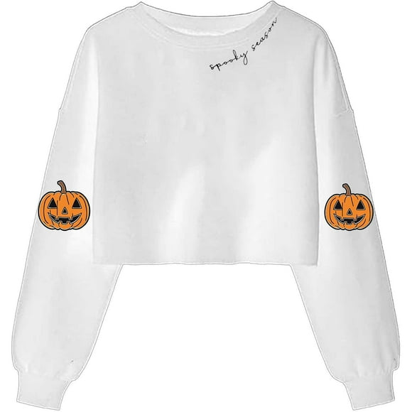 Lcziwo Women's Halloween Crop Tops Funny Pumpkin Graphic Sweatshirt Long Sleeve Round Neck Pullover Spooky Season Novelty Clothes White,XL