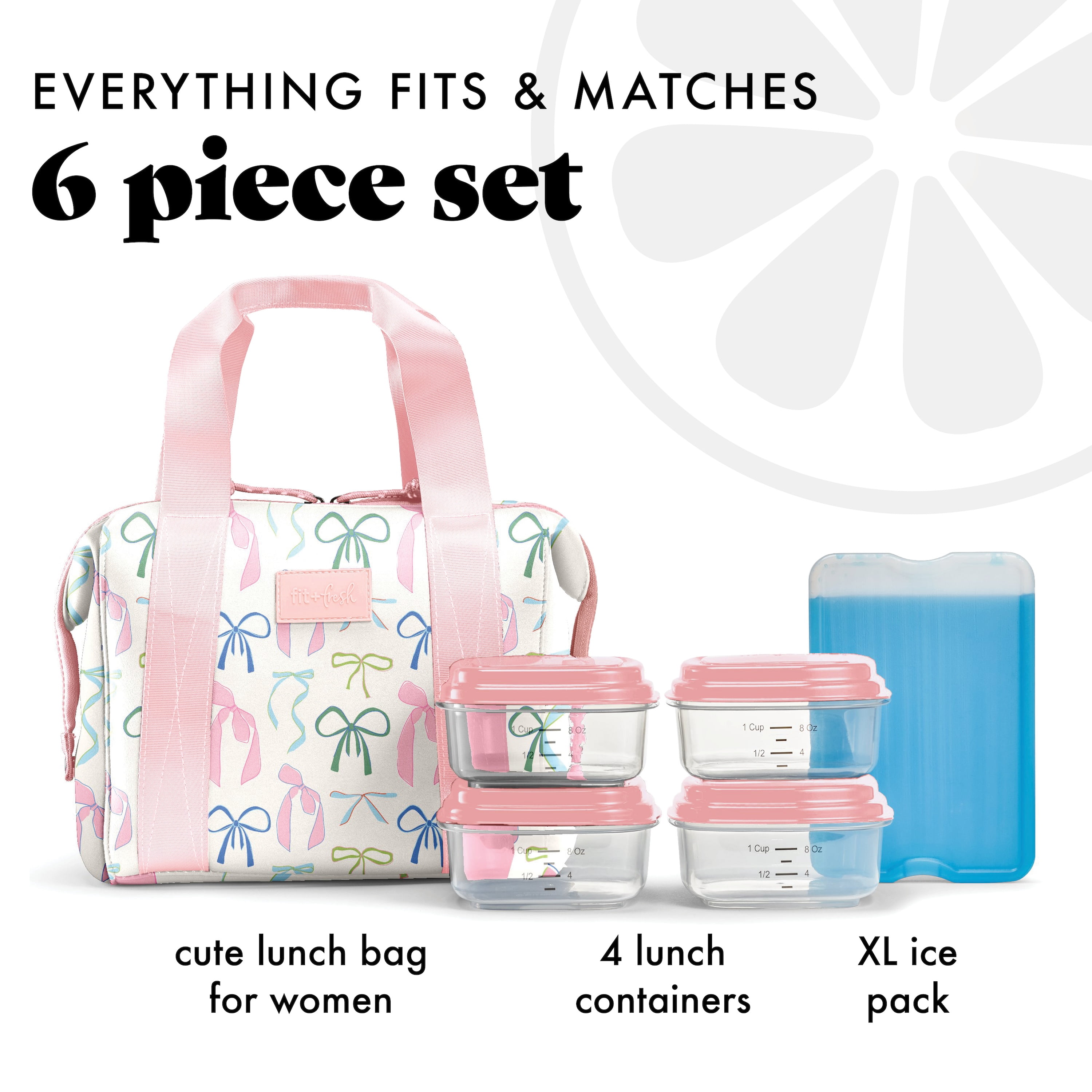 Fit + Fresh Remi Womens Lunch Bag, Insulated Lunch Box With Containers, Dainty Bows