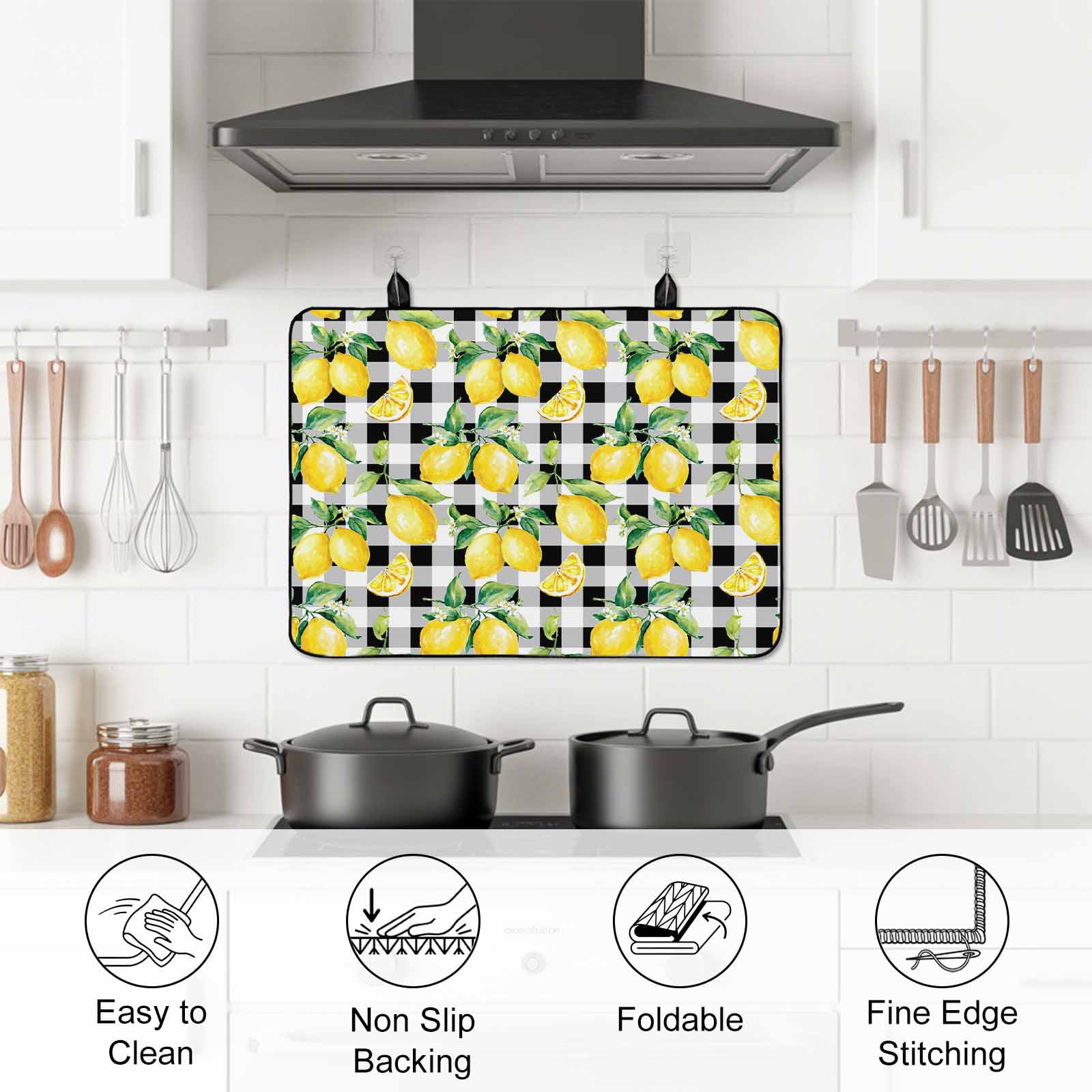 Lemon Yellow Stove Top Cover for Electric Stove, Heat-proof & Non Slip Glass Top Stove Cover Protector, Watercolor Fruit Black White Buffalo Plaid Kitchen Flat Cooktop Rubber Mat 24x21 Inches
