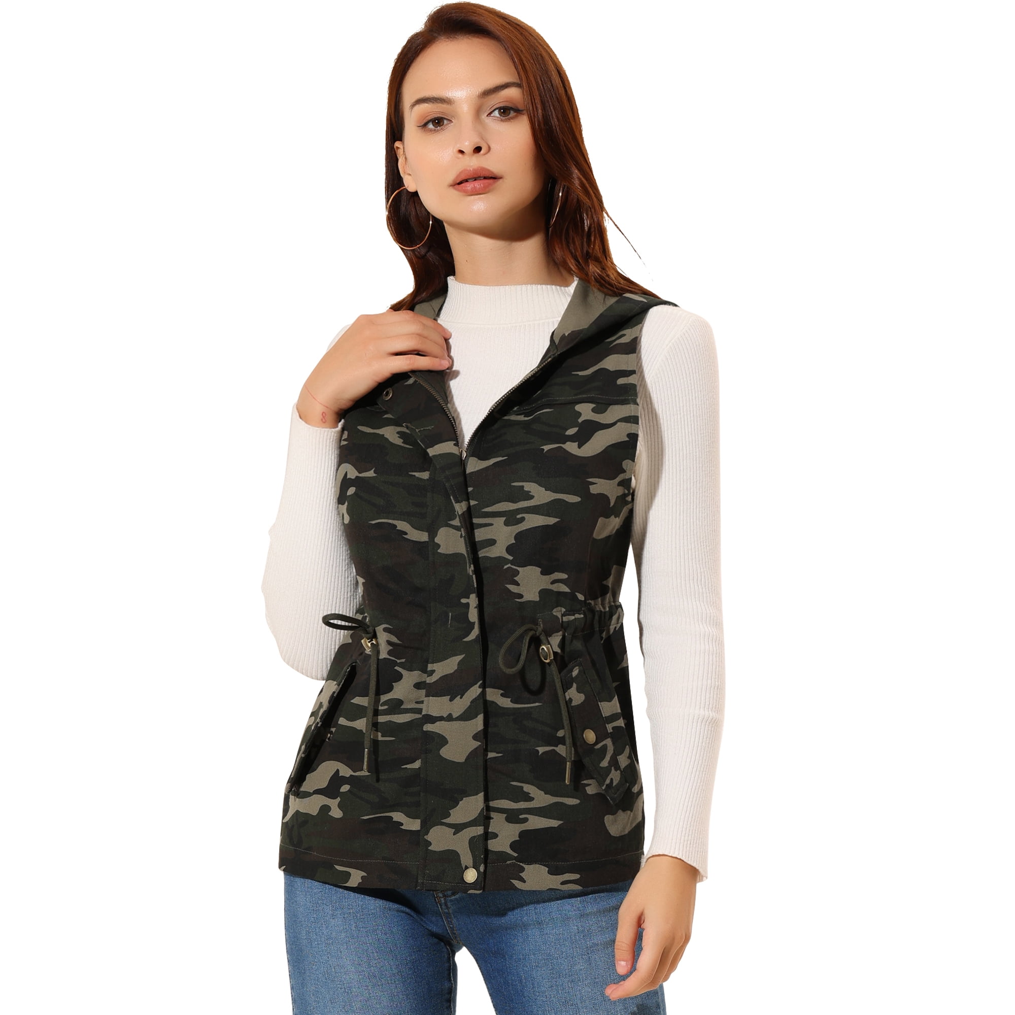Unique Bargains Women s Camo Drawstring Waist Hooded Jacket Cargo Vest Dark Green M Other