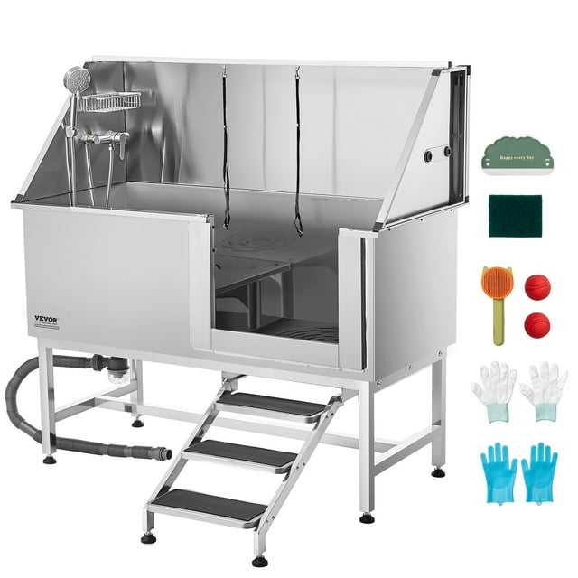 VEVOR 62 Inch Dog Grooming Bath Tub made of stainless steel with stairs and a water filter. The tub features a multifunctional shower area with a faucet, showerhead, hot/cold controls, and a soap holder. It includes anti-slip stairs, a non-slip water filter board, and rounded edges for safety. Accessories such as gloves, a comb, a scouring pad, and a wiper are included. Designed for pets of various sizes, it has a weight capacity of 440 lbs and measures 59 x 27.6 x 58.7 inches.
