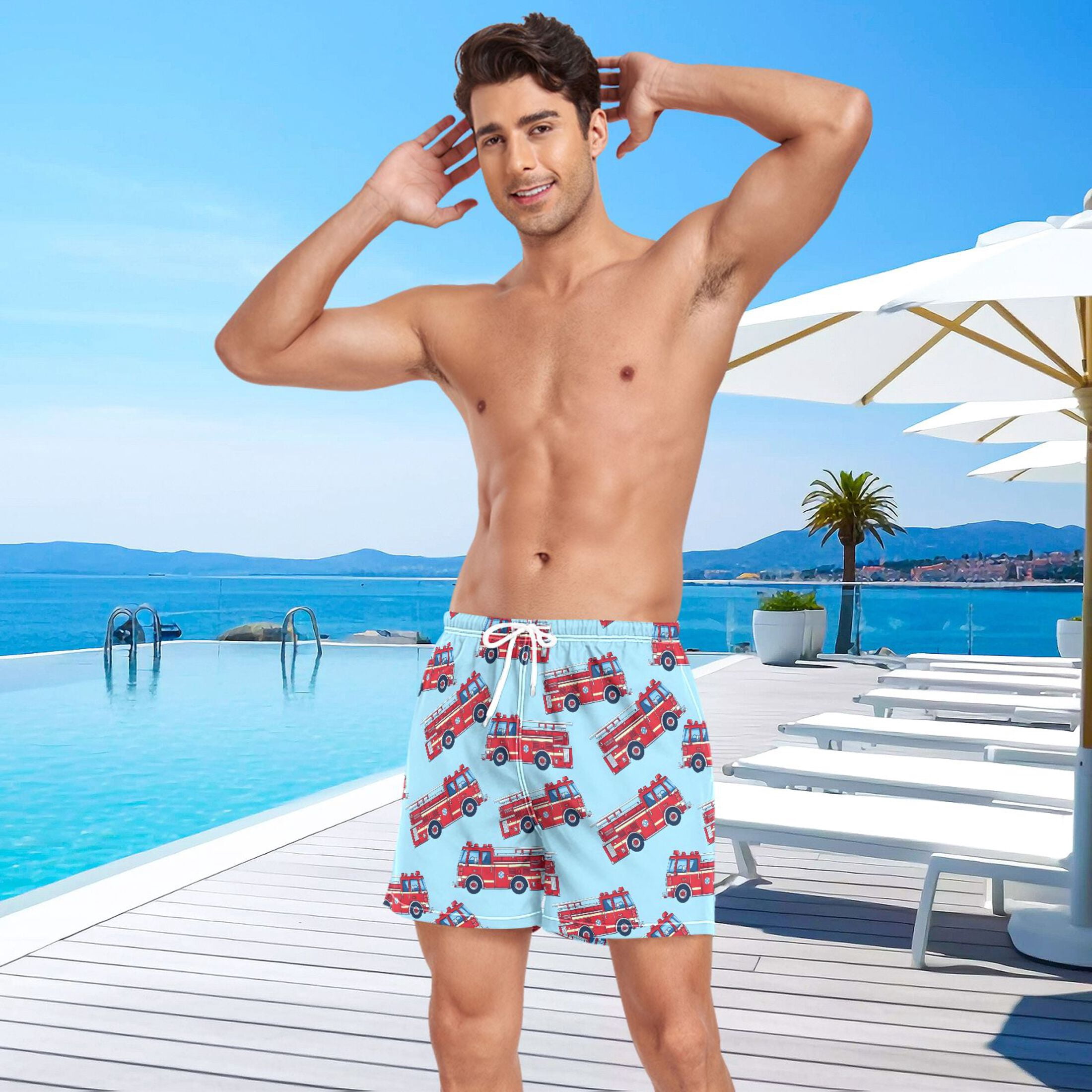 joogoo Men's Cartoon Fire Trucks Swim Trunks with Liner Pocket Beach Shorts XXL