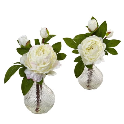 Nearly Natural Peony with Vase (Set of 2) Resembling an old-fashioned rose  the double-bloom peony is an elegant accent. The budding to full bloom peonies are complete with a textured vase perfect as a centerpiece. Place on a bookshelf or accent table for a chic touch to your Farmhouse style home. Height: 11.5 in. Depth: 9 in. Width: 9 in. Pot Size: H: 6 In. W: 4 In. D: 4 In. Planter  vase or basket is included in the height.