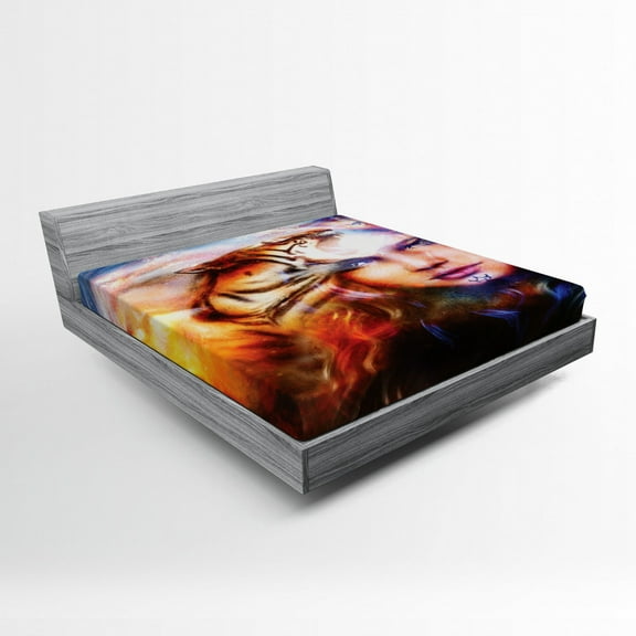 Mystic Fitted Sheet, Mighty Tiger and Lion Head with Woman Face on Ornamental Background Artwork, Soft Decorative Fabric Bedding, Full Size, Yellow Brown Blue, by Ambesonne