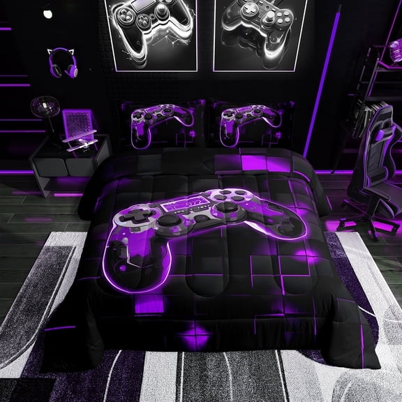 Full Size Gamer Comforter Sets Neon Gaming Bedding Set Video Game Room Decor,Purple and Black Geometric Bedding Comforter Sets Lightweight Game Console Quilt Bed Set 3Pcs
