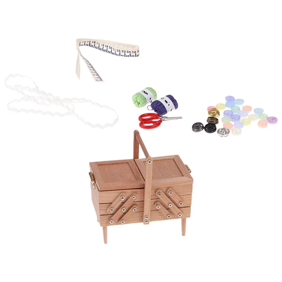 1/12 Scale Sewing Tools Wooden Sewing Box Miniature For Dollhouses Antique Craft Accessory