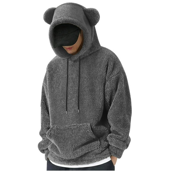 GigrtiJin Men's Personalized Fleece Hoodies Solid Color Bear Hooded Drawstring Long Sleeve Sweatshirt with Pocket Trendy Thermal Tops