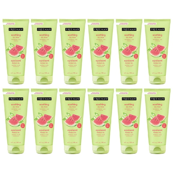 12-Pack FREEMAN Soothing Watermelon And Aloe Gel Facial Mask, Hydrates, Nourishes, And Soothes Irritated Skin, Cooling, Calming Gel Face Mask, For Sensitive And Break-Out Prone Skin, 6 fl.oz