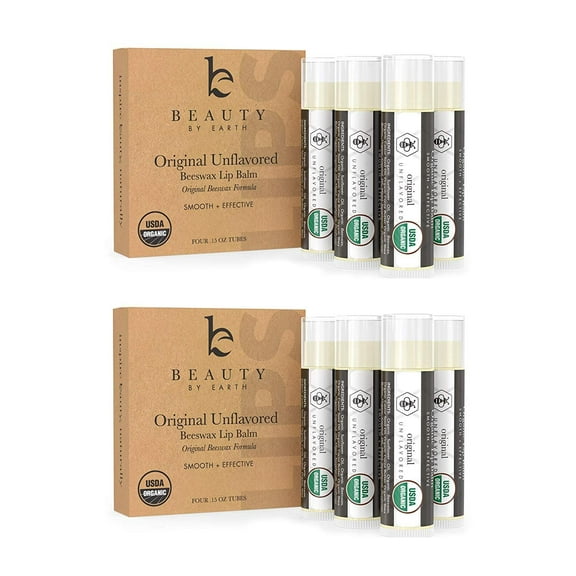 Lip Balm Organic (Original Unflavored) 4 Tube Pack ; Pure and Natural Beeswax Lip Butter with Aloe Vera, Vitamin E for a Clear Gloss; Moisturize, Repair Dry, Cracked or Chapped Lips (2 pack)