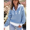 thumbnail image 4 of Women Striped Half Zip Long Sleeve Ribbed Knit Pullover Comfy Casual Light-Weight Tops Fall Fashion Blue L, 4 of 10