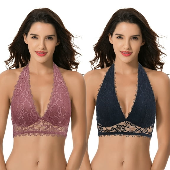 Curve Muse Plunge Bralette with Floral Lace-2pack-VIOLET,BLACK-S